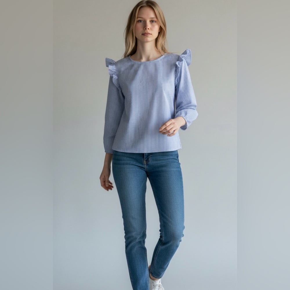 J. Crew Blue and White Striped Blouse with Ruffle Sleeves - Picture 4 of 13
